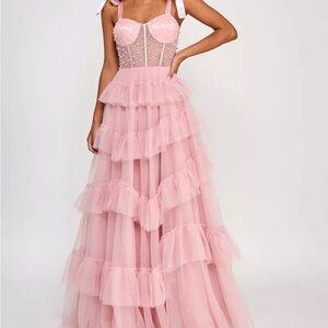 Say Yes Juniors' Faux-Pearl-Corset Ruffle Skirt Ball Gown Pink Blush Sz 7/8 NWT